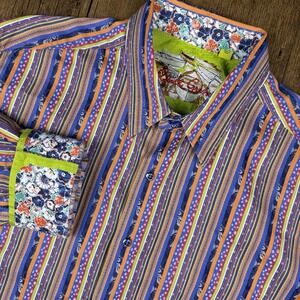 Robert Graham Shirt Mens 2XL Orange Blue Stripe Floral Polka Dot Spring Vibrant